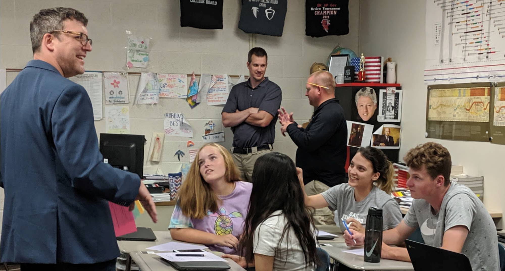 David Crane speaking about democracy in a high school classroom